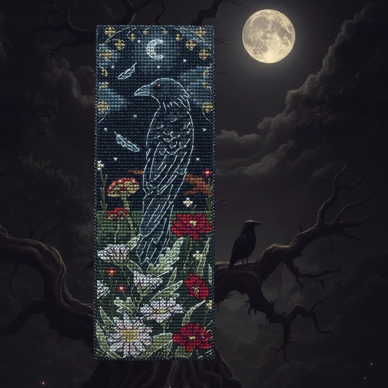 DIY Cross Stitch Bookmark Kit “Raven”, Guardian of the night