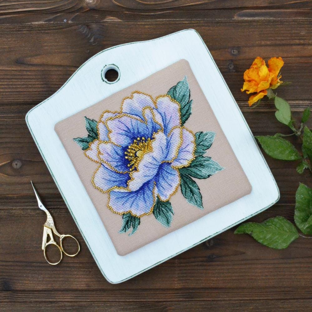 Blue peonies Cross Stitch Kit with beads: Tela Artis, Hand-Dyed Threads, Linen