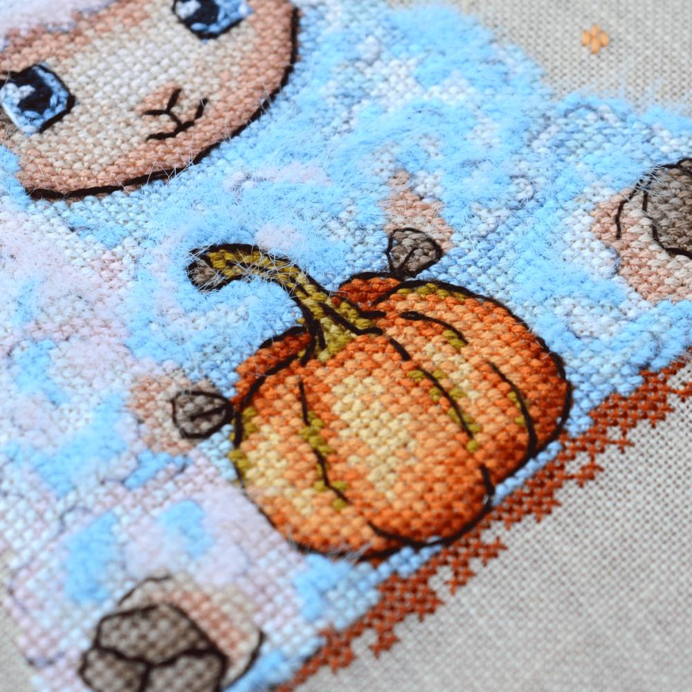 Vivi with a pumpkin Cross Stitch Kit sampler: Tela Artis, Hand-Dyed Threads, Linen