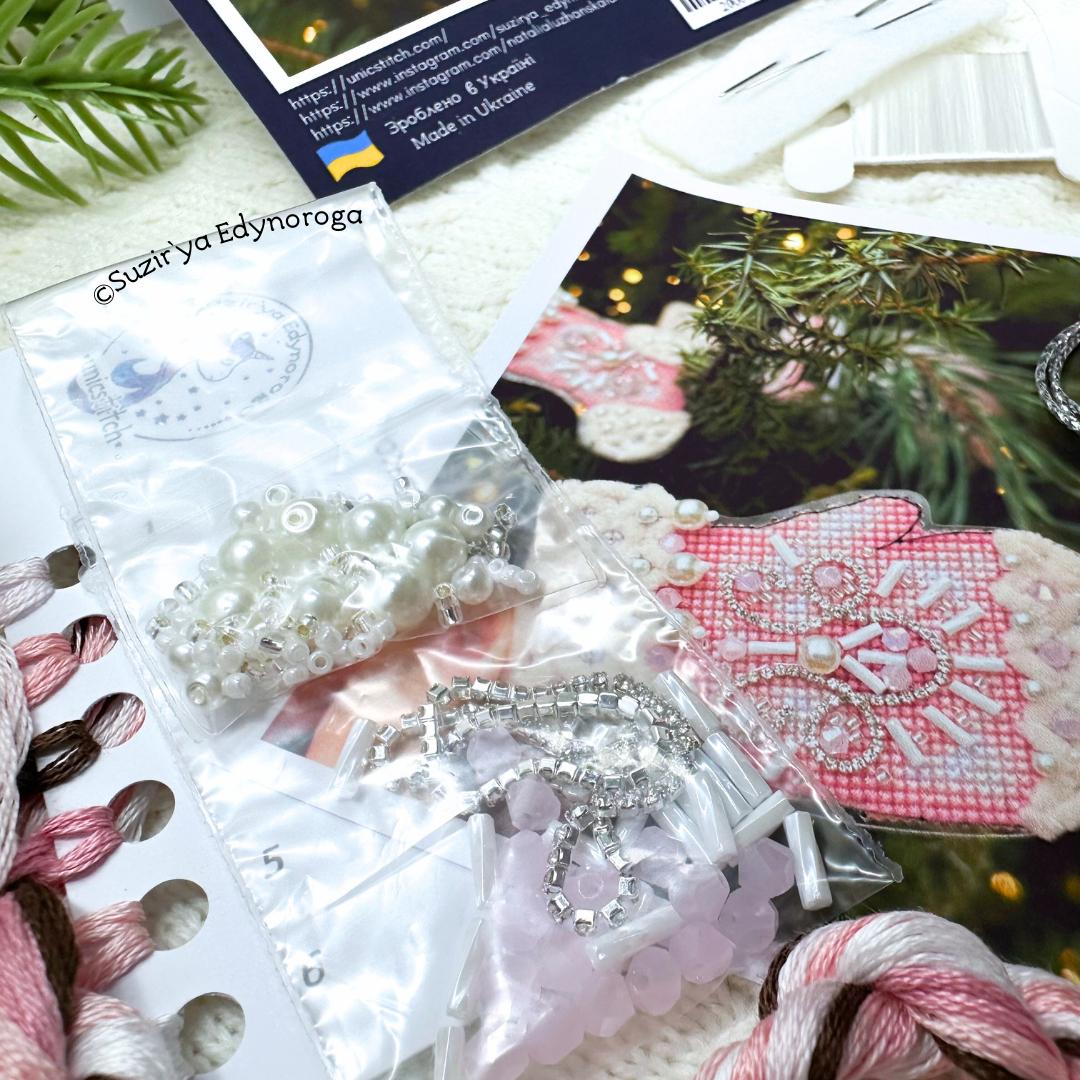 Pink glove, Cross Stitch Kit, Unic, set with threads, beads and decorative crystals.