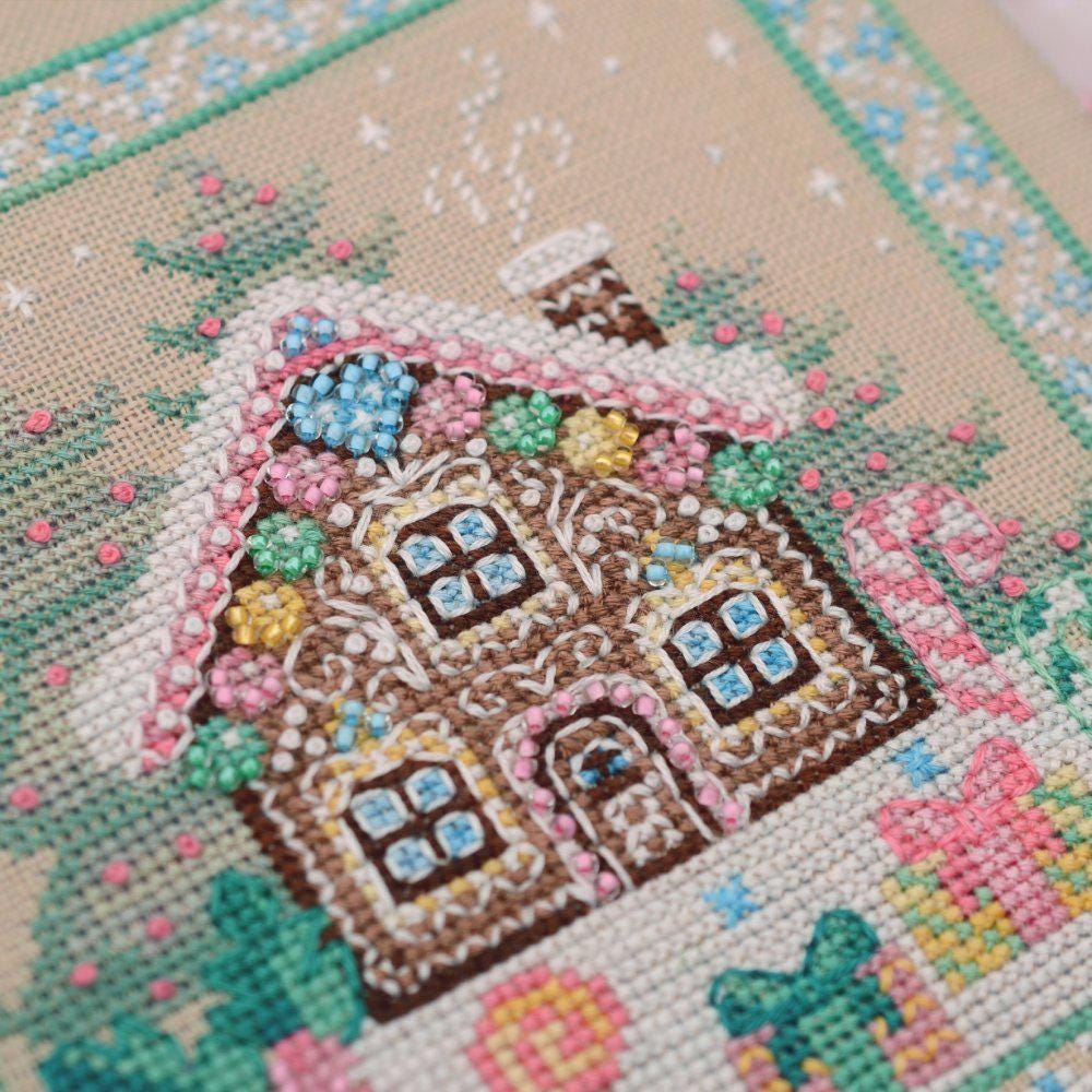 Counted Cross Stitch Sampler Kit:Gingerbread house, Hand-Dyed threads, Evenweave Fabric, Beads
