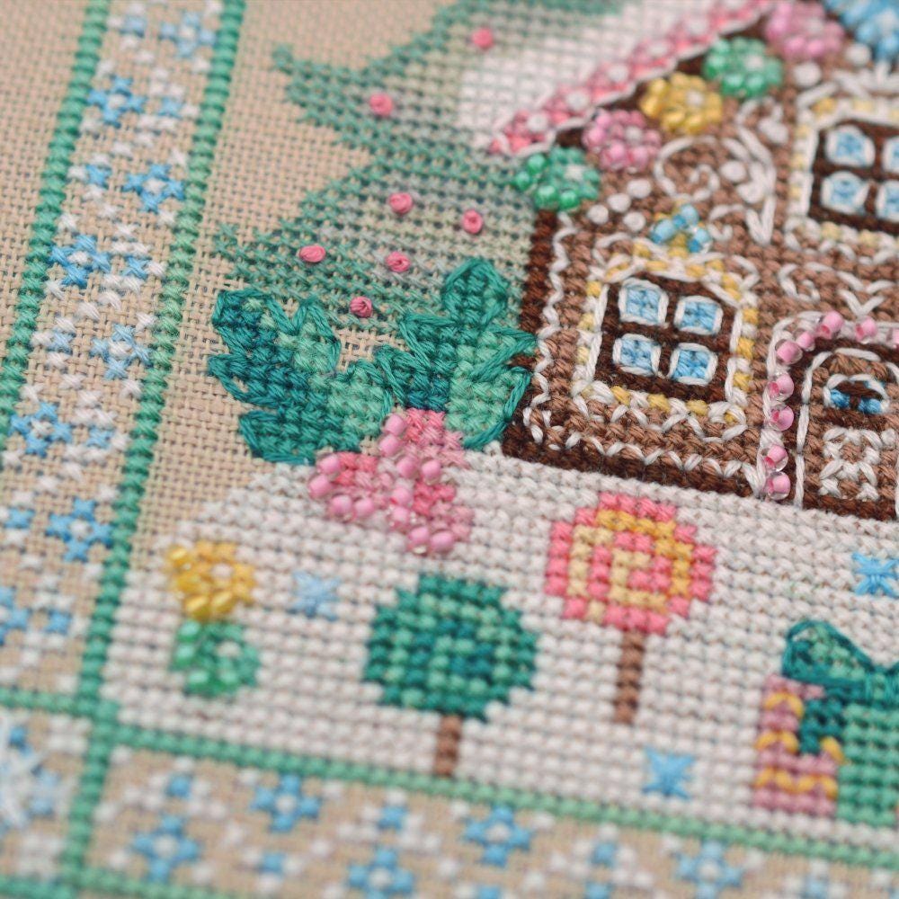 Counted Cross Stitch Sampler Kit:Gingerbread house, Hand-Dyed threads, Evenweave Fabric, Beads