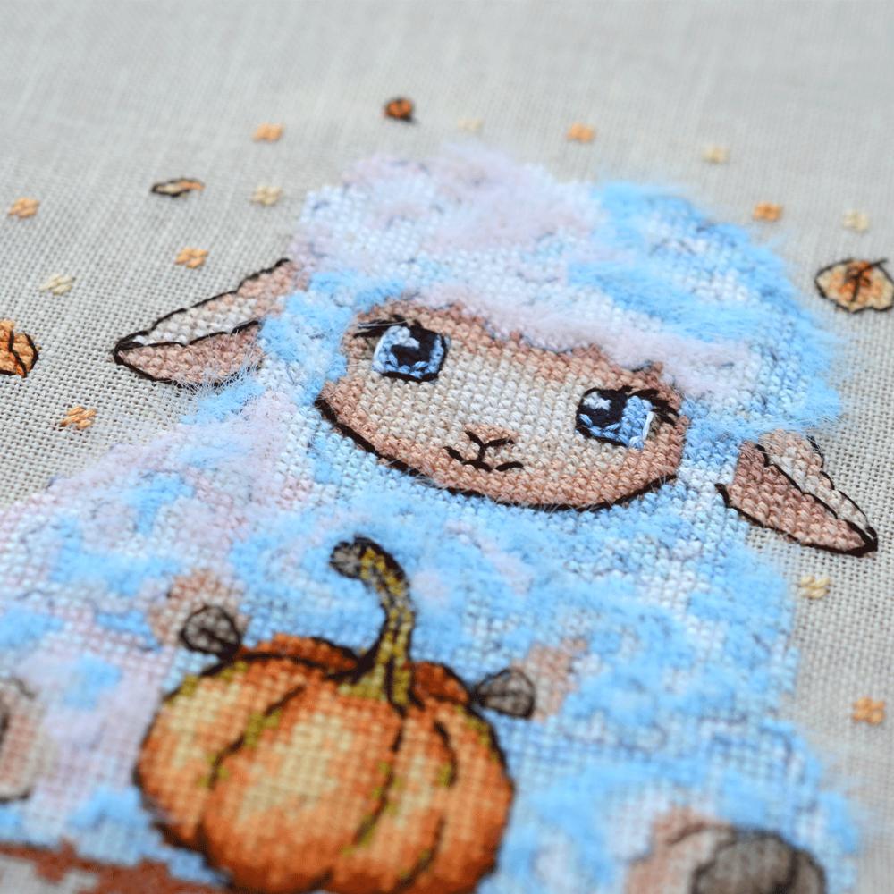 Vivi with a pumpkin Cross Stitch Kit sampler: Tela Artis, Hand-Dyed Threads, Linen