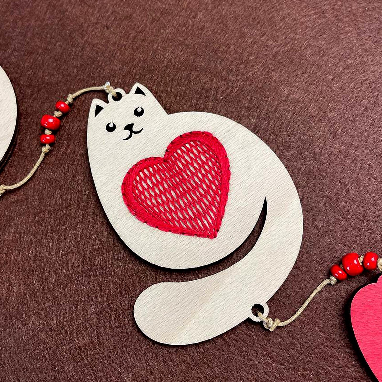 DIY Red heart  Decor Set Spring green: Plywood 3 hearts with stitching
