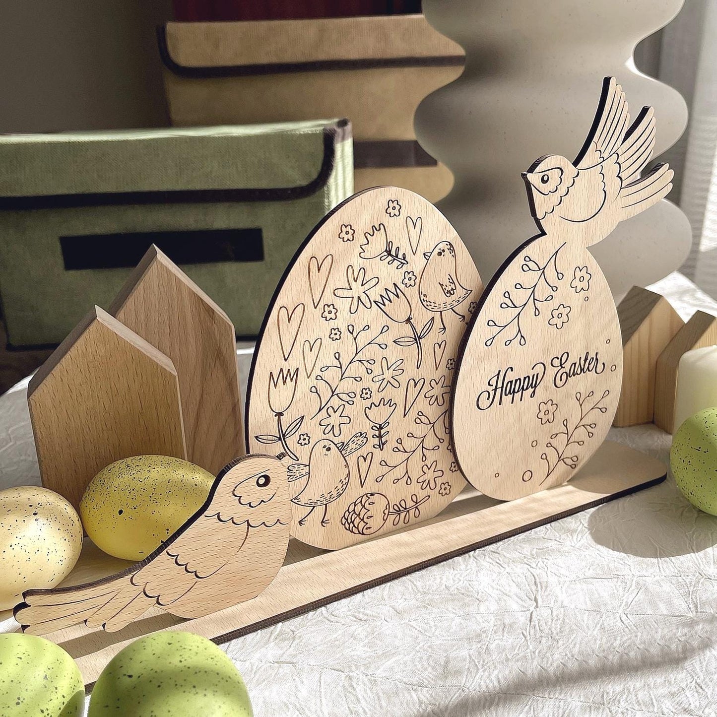 Easter Decor Set, Plywood Eggs and birds on holder, ready to use