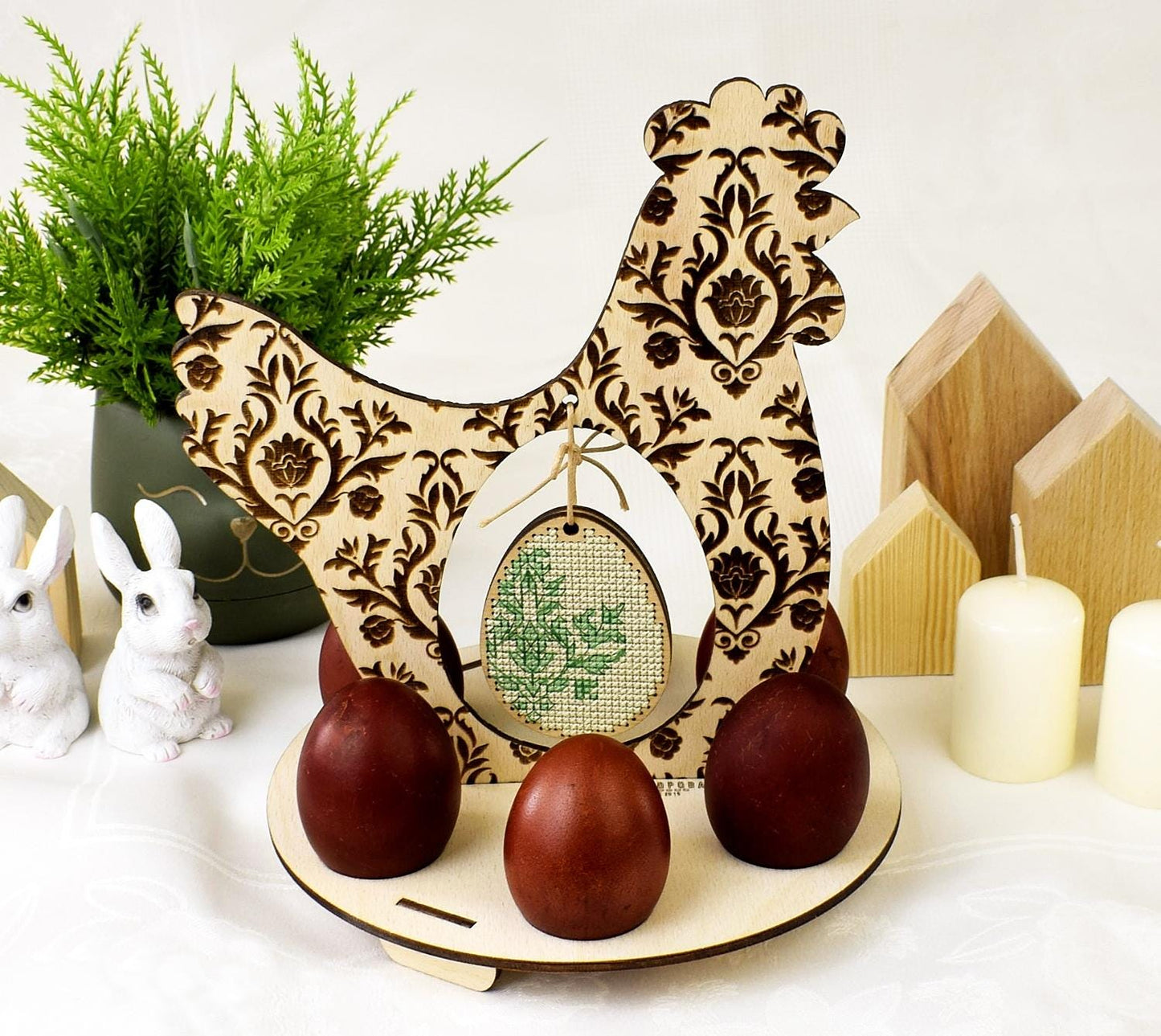 DIY Easter Egg holder Decor Set Spring green: Plywood Chicken with cross stitch egg