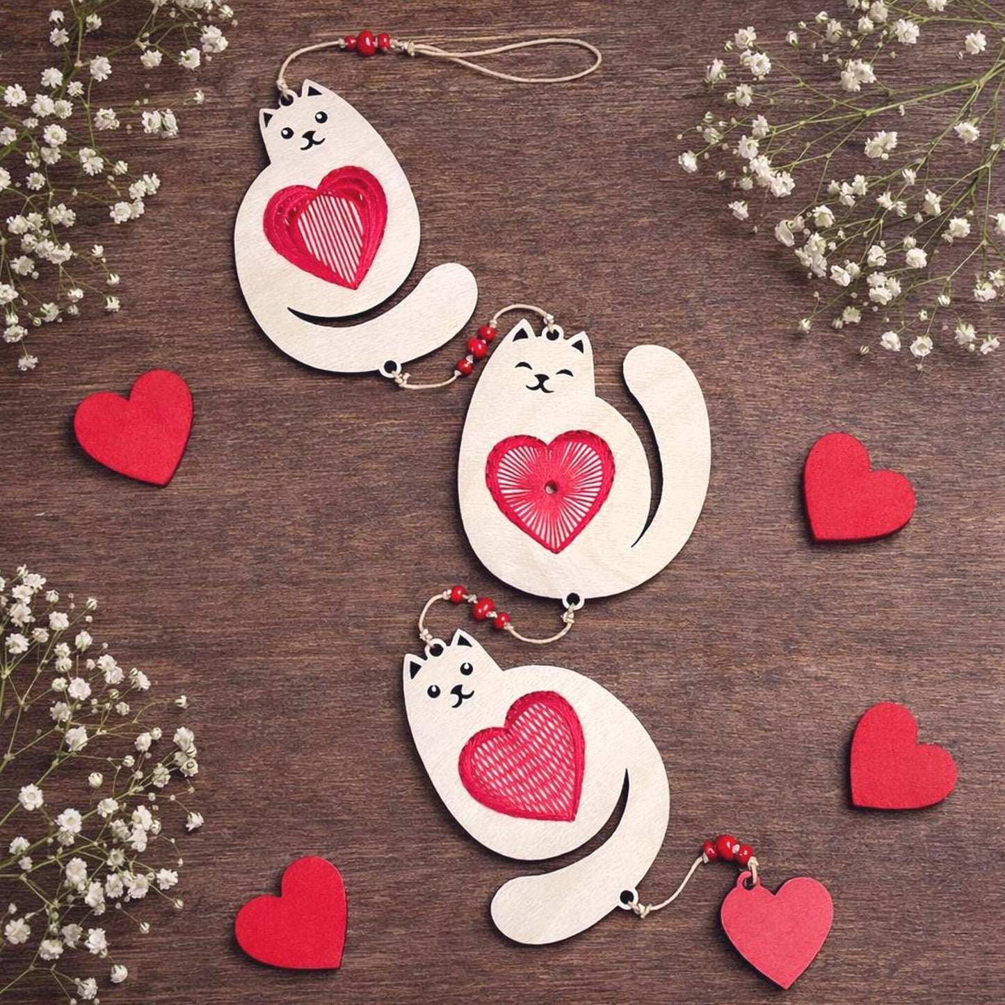 DIY Red heart  Decor Set Spring green: Plywood 3 hearts with stitching