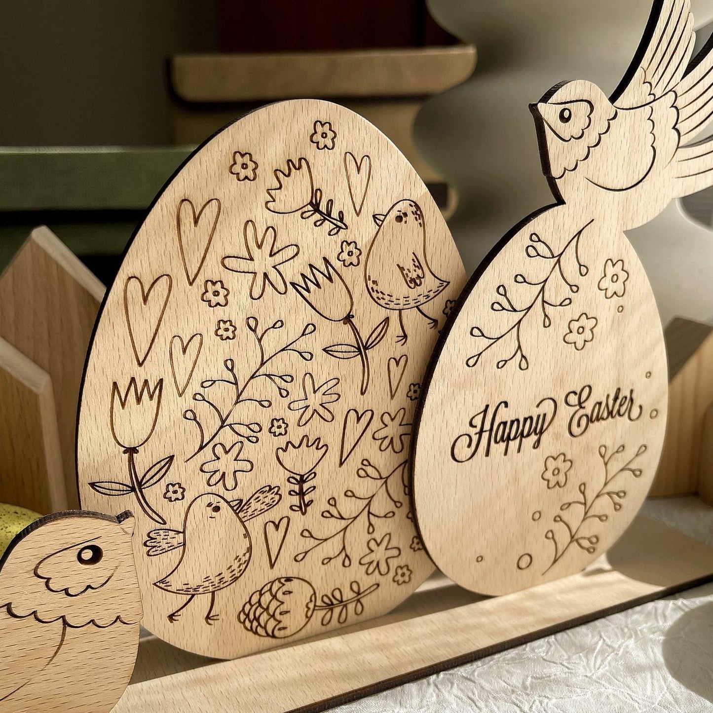 Easter Decor Set, Plywood Eggs and birds on holder, ready to use