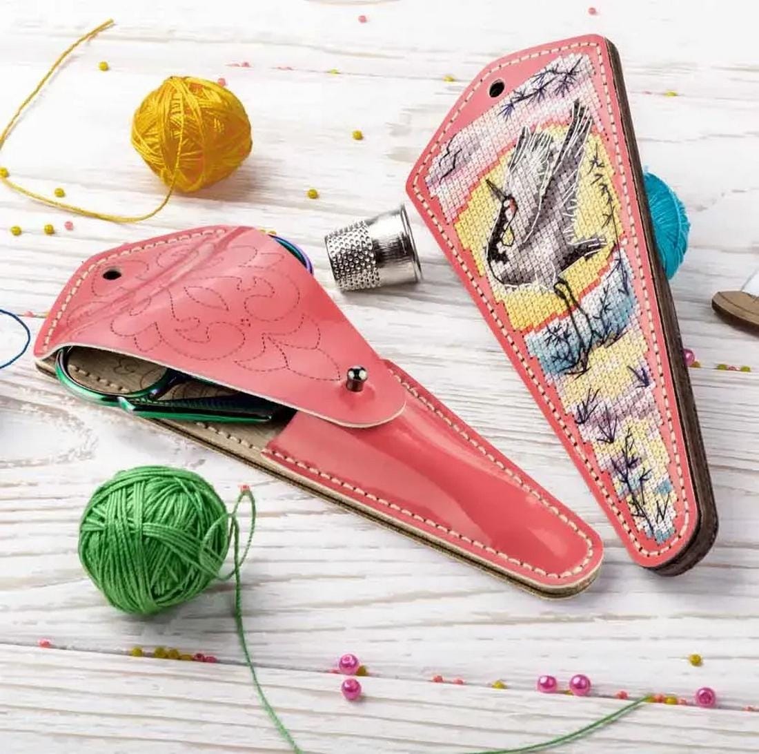 DIY Faux Leather Scissor Case Kit with Cross stitch Heron