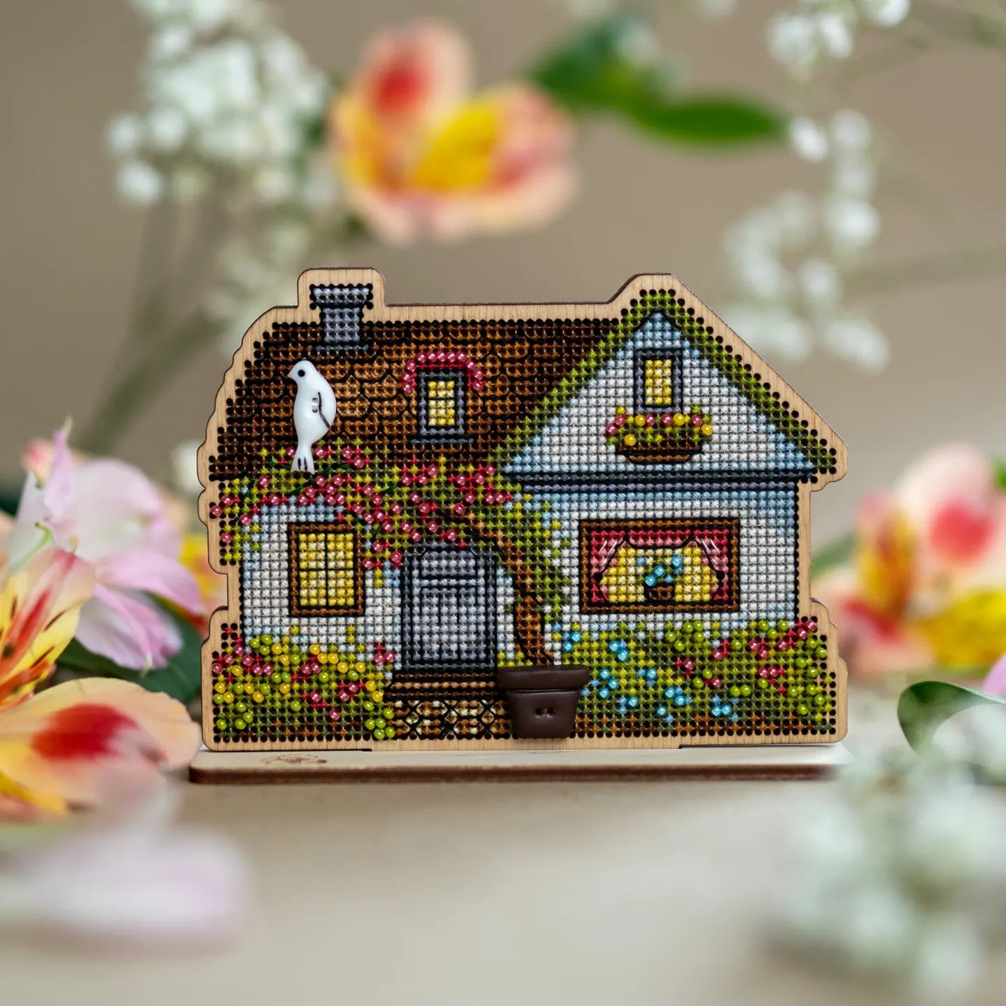 Cozy Crosses Blooming Spring M010 Counted Cross Stitch Kit, Flower Cottage on Wood